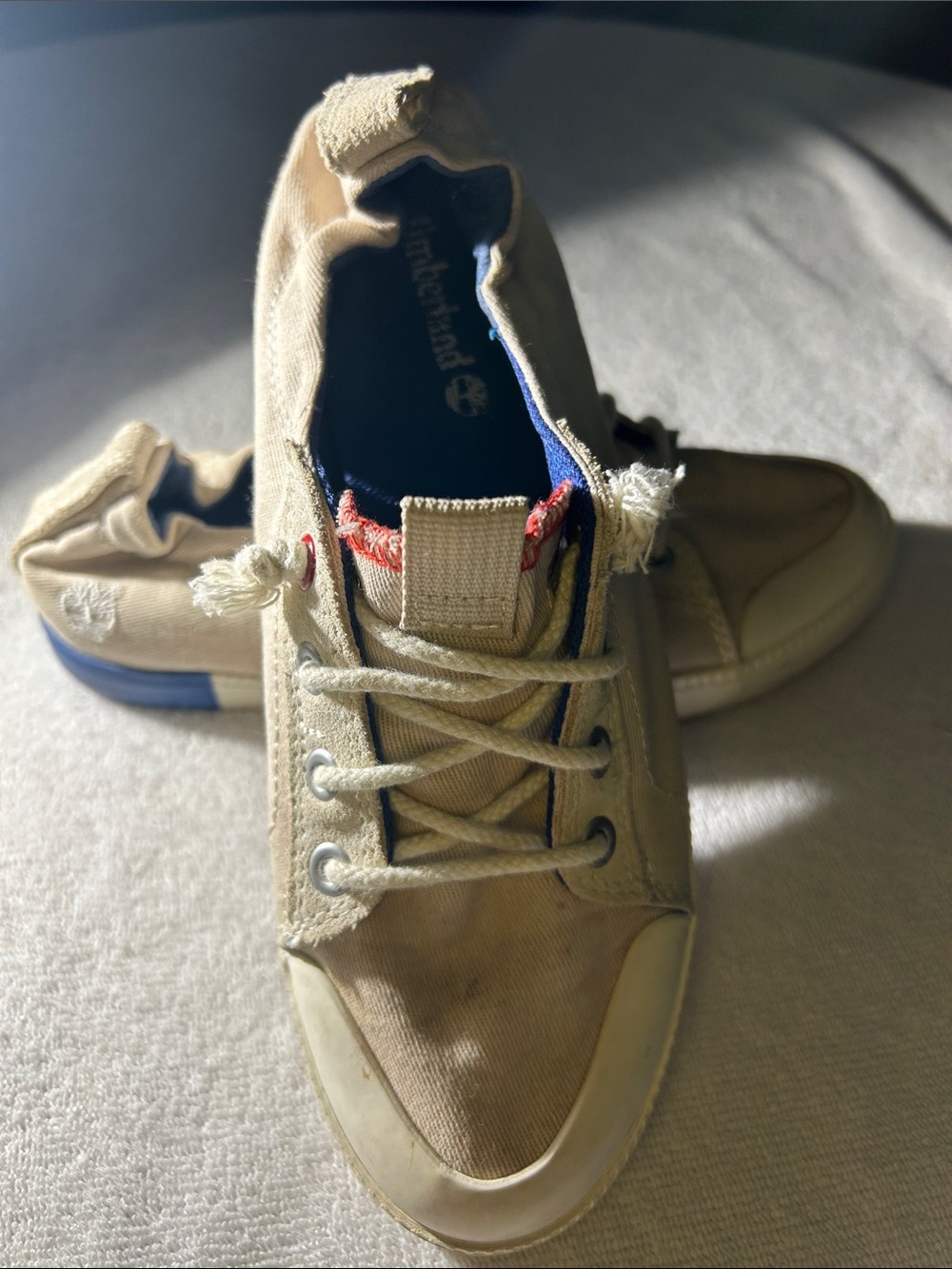 Timberland Tan Canvas Sneakers with Blue and Red Accents